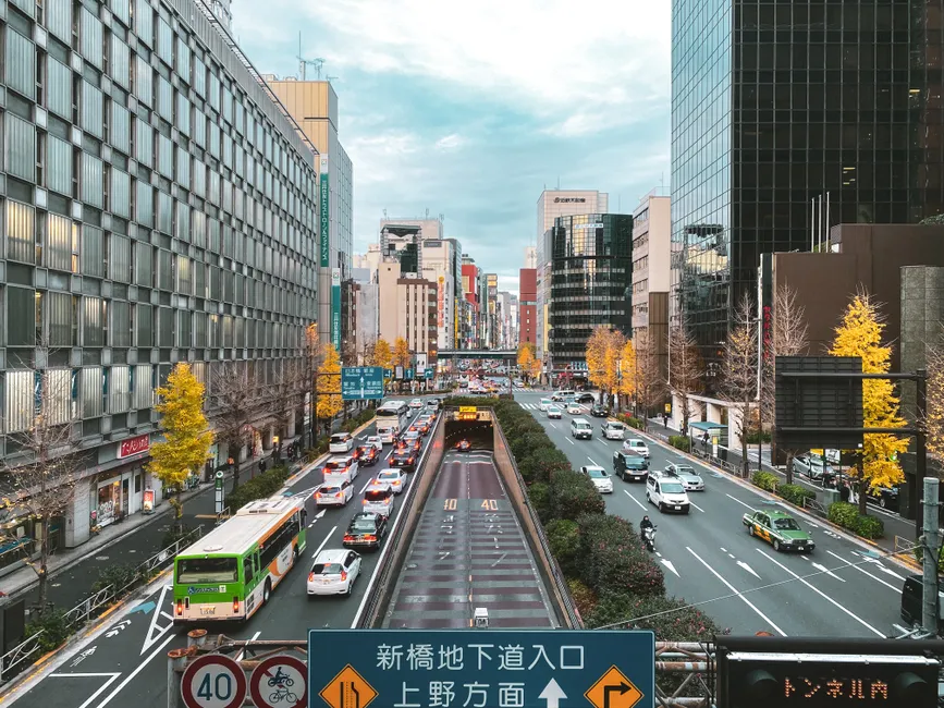 Vibrant cityscape of downtown Tokyo featuring busy traffic and autumn trees.